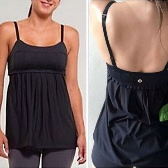 Lululemon Black Pritti Ruffle Tank Size 4 Athletic Shirt Built in Sports Bra - Picture 1 of 11